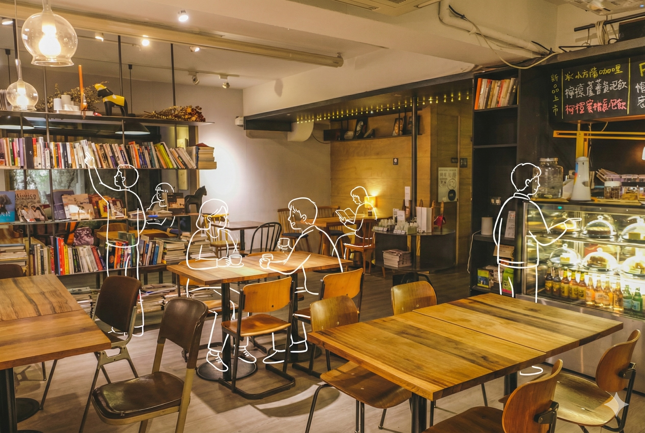 實際場景圖片添加白色線條人物插畫